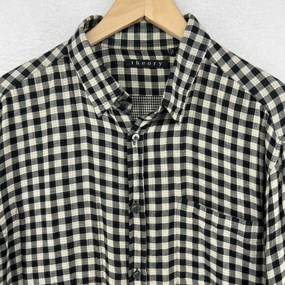 THEORY Shirt Mens XL Cotton Wool Gauze Gingham Check Button Up Double Face Black - Picture 3 of 16